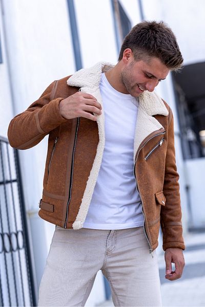 GOOD FASHION Men's Tan Full Fur Napa Leather North Model Coat