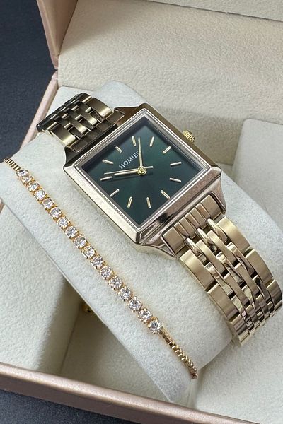 Homies Square Case Model Women's Wristwatch Gold Color Green Dial with Bracelet Gift.
