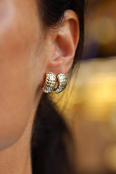 Yenigün Kuyumculuk 14 Ayar Altın Işıltılı Bombeli J Tarz Küpe