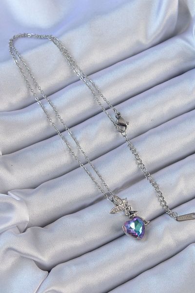 Mu Art Ahşap 316L Steel Chain Silver Color Purple Blue Color Zircon Stone Heart Detail Fairy Necklace