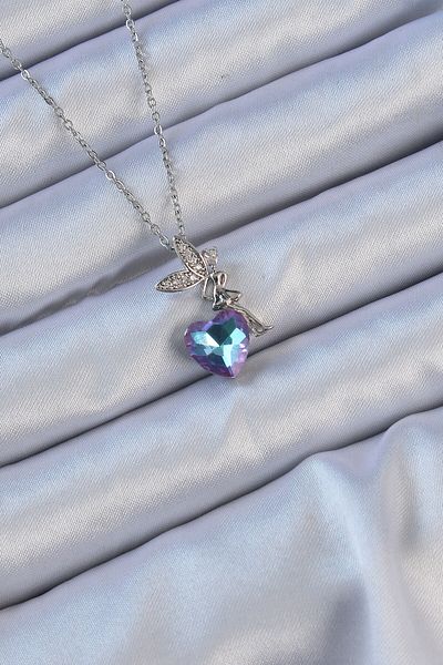 Mu Art Ahşap 316L Steel Chain Silver Color Purple Blue Color Zircon Stone Heart Detail Fairy Necklace