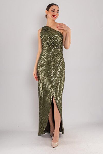 DORİDORCA 5037 Tek Omuz Drapeli Pulpayet Uzun Elbise