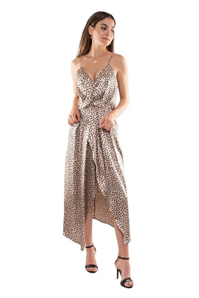 AYHAN 61637 İp Askı Puanlı Kruvaze Yaka Eteği Yırtmaçlı Saten Elbise