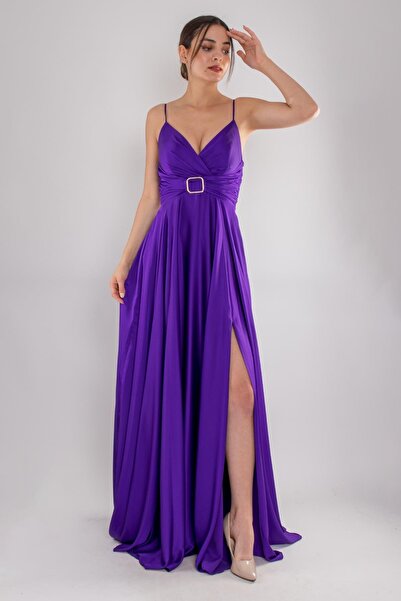 DORİDORCA 5059 İp Askılı Bel Taş Tokalı Kloş Saten Uzun Elbise