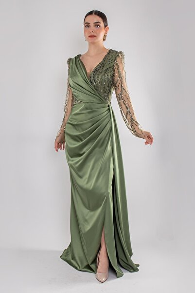 Saygın Giyim 486 Payetli Tül Kol Kruvaze Yaka Drapeli Uzun Saten Elbise