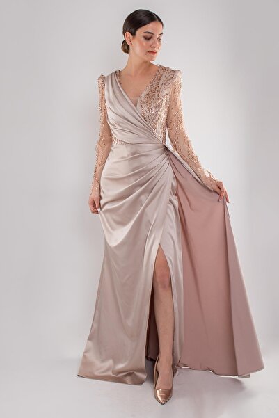 Saygın Giyim 486 Payetli Tül Kol Kruvaze Yaka Drapeli Uzun Saten Elbise