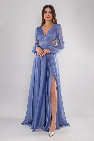 DORİDORCA 5078 Bel Dekolte Uzun Kol Kristal Şifon Uzun Elbise