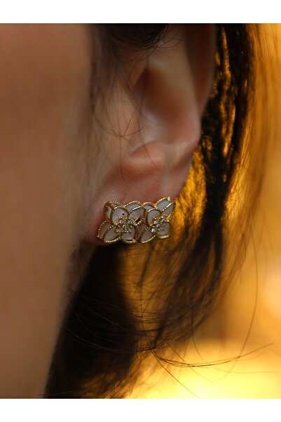 Yenigün Kuyumculuk 14 Ayar Altın Beyaz Sedef Yonca Vidalı Küpe