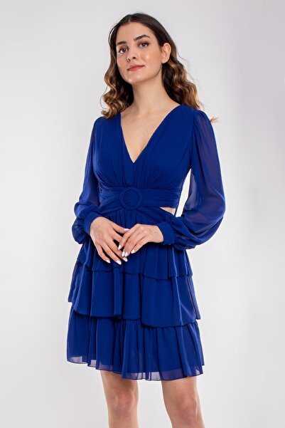 Dans 1298 Beli Çapraz Tokalı Sırtı İpli Uzun Kollu Kısa Şifon Elbise