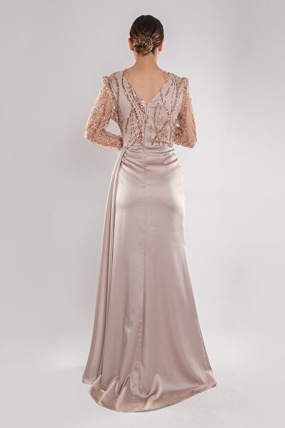Saygın Giyim 486 Payetli Tül Kol Kruvaze Yaka Drapeli Uzun Saten Elbise
