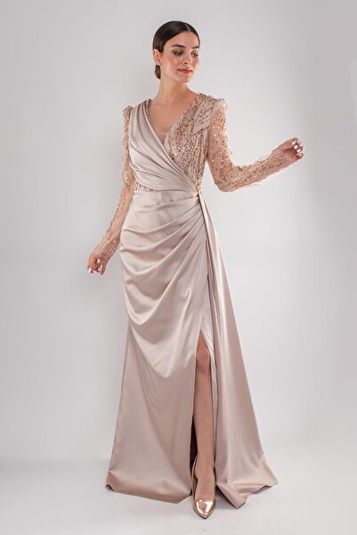 Saygın Giyim 486 Payetli Tül Kol Kruvaze Yaka Drapeli Uzun Saten Elbise