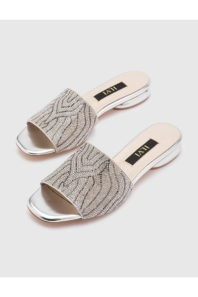 İLVİ Women's Silver Colored Genuine Leather Boday Stone Heeled Slippers