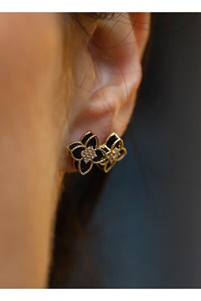 Yenigün Kuyumculuk 14 Ayar Altın Siyah Yonca Vidalı Küpe