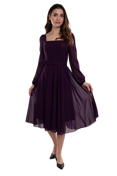 DANS ABİYE 1302 Tül Kol Kare Yaka Kemerli Şifon Kloş Kısa Elbise