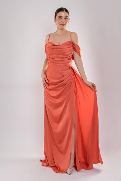 Saygın 449 İp Askılı Şalyaka Kuyruklu Uzun Saten Elbise