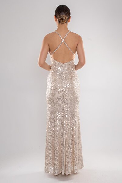 DORİDORCA 1078 Arkası Çapraz İpli Yırtmaçlı Pulpayet Uzun Elbise