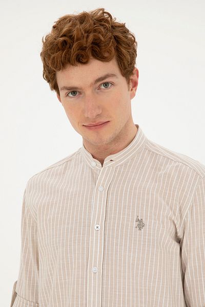 U.S. Polo Assn. Men's Judge Collar Striped Khaki Shirt 50288924 -Vr027