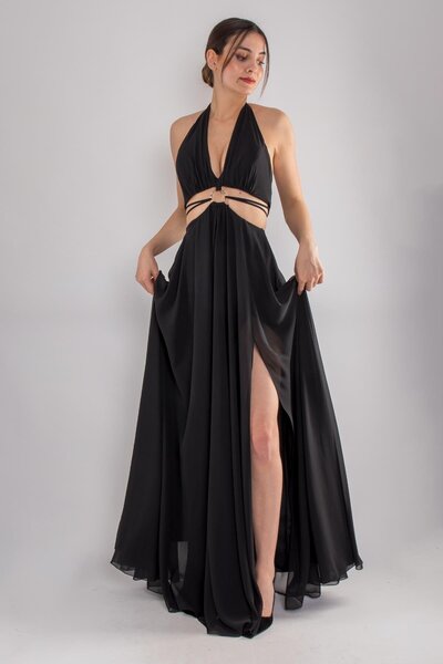 DORİDORCA 5020 Bel Dekolte Toka Detay Şifon Uzun Elbise