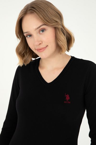 U.S. Polo Assn. Pulover de bază negru cu decolteu în V de damă 50288997 -vr046