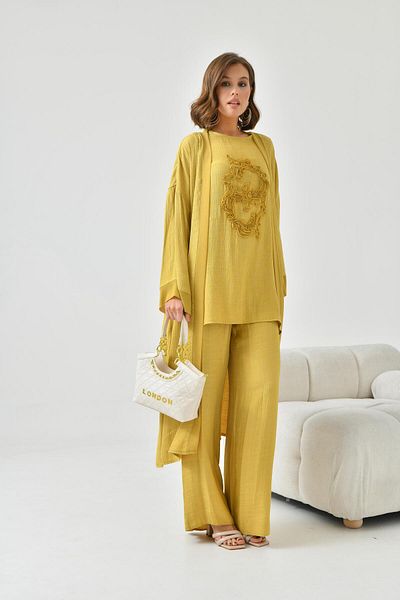FTZ WOMEN Women's Embroidered 3-Piece Linen Set Mustard 30760