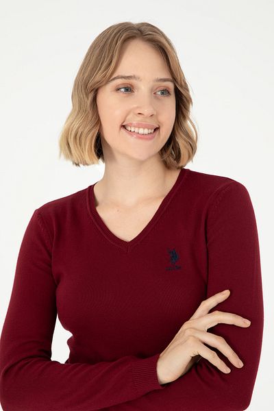 U.S. Polo Assn. Women's Burgundy V-Neck Basic Sweater 50288997 -Vr014