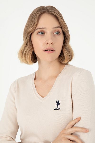 U.S. Polo Assn. Pulover de bază crem Melange cu decolteu în V pentru femei 50288997 -vr159