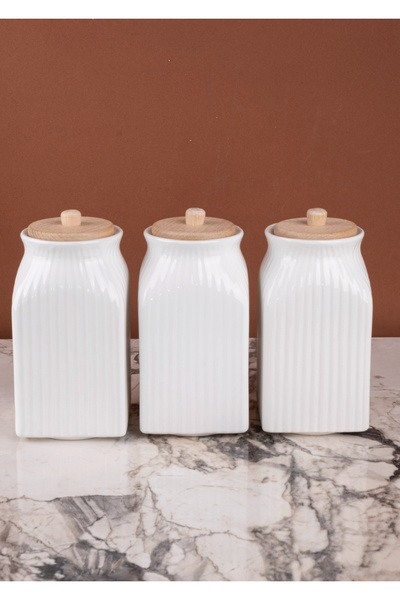Kitchen Pembelia 3’lü Bambu Vakum Kapaklı Porselen 1000 ml Çay Şeker Tuz Kahve Saklama Kavanoz Seti Bakliyat Kavanozu