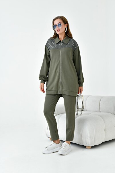 FTZ WOMEN طقم نسائي مرصع بالحجر كاكي 30938