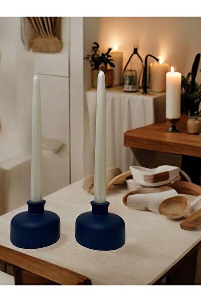 Porselian El Yapımı Minimalist Taş Mumluk Seti, Lacivert Seramik Mumluk