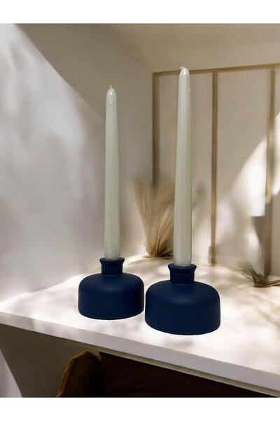 Porselian El Yapımı Minimalist Taş Mumluk Seti, Lacivert Seramik Mumluk