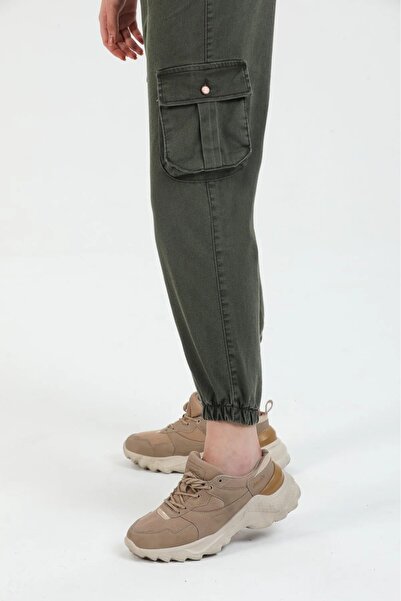 Oyga Women's Khaki Jogger Comfortable Fit Elastic Leg Cargo Pocket Gabardine Women's Trousers