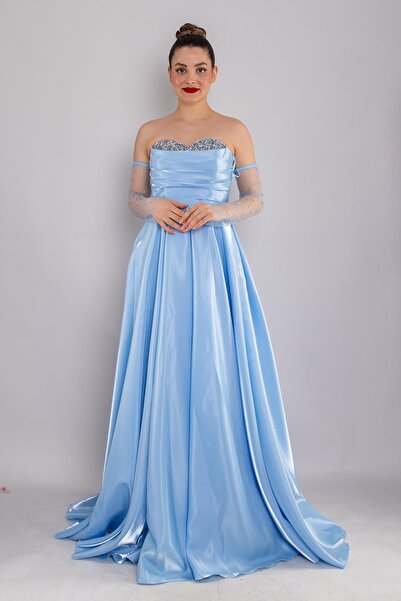 RENK 5089 Tafta Straplez Taşlı Eldivenli Prenses Uzun Elbise