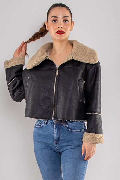 Vitrin 8025 İçi Kürklü Crop Fermuarlı Kadın Deri Ceket