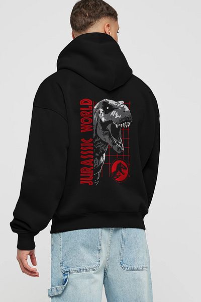 Ankhises Jurassic Park (2) Hanorac negru cu glugă supradimensionat cu imprimeu pe spate Bărbați Femei