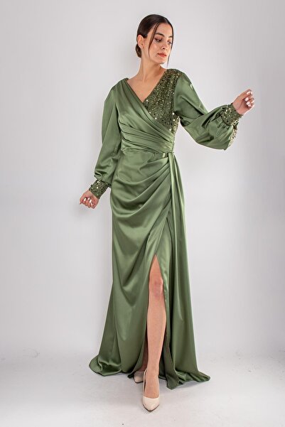 Saygın Giyim 514 Kruvaze Yaka Kollu Pulpayet Detay Uzun Saten Elbise