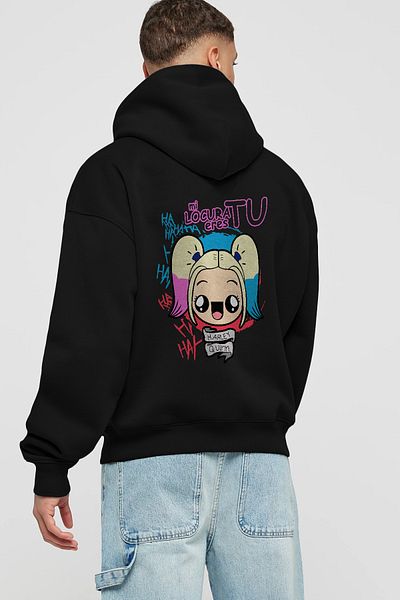 Ankhises Hanorac negru oversize cu glugă cu imprimeu pe spate Harley Quinn Bărbați Femei