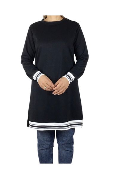 ECE GİYİM Women's Ribana Two Yarn Combed Cotton Sports Tunic with Collage and Hem Stripe