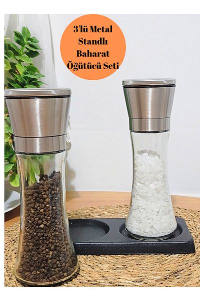 BRE HOME Long Spice Coffee Pepper Salt Spice Grinder Steel Lid with 3-Seat Metal Stand Glass Body