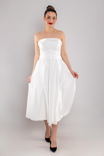 Saygın 576 Straplez Kuşaklı Midiboy Kloş Etek Saten Elbise