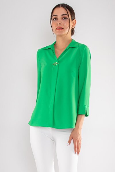 AYHAN 81285 Three-quarter Sleeve Crepe Blouse with Brooch