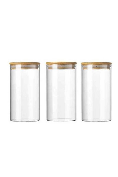 AVANTAGE HOME Donna - 3 Pieces Bamboo Vacuum Lid Borosilicate Glass Storage Container 16 x 8.5 cm, Spice Bowl 750 ml