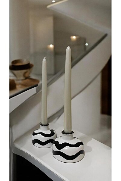 Porselian El Yapımı Minimalist Taş Mumluk Seti, Siyah Beyaz Dalgalı Desen Mumluk