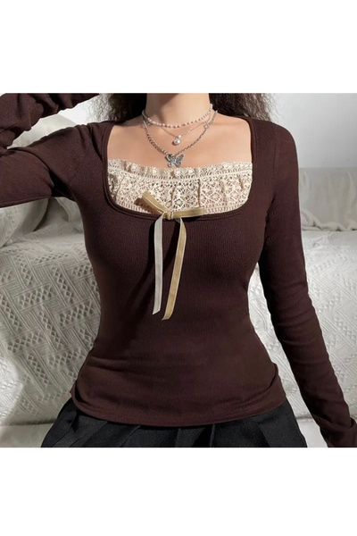 Köstebek Lace Ribbon Square Neck Vintage Blouse