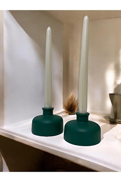 Porselian El Yapımı Minimalist Taş Mumluk Seti, Yeşil Renk Seramik Mumluk