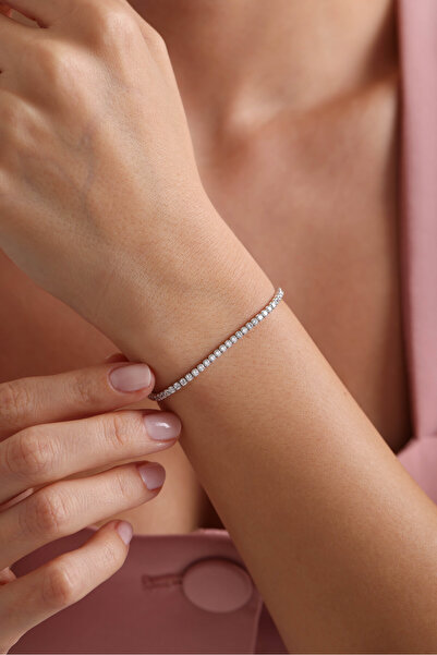 Nereze 925 Ayar Gümüş Rodyum Kaplama 2 Mm Zirkon Taşlı Suyolu Bileklik