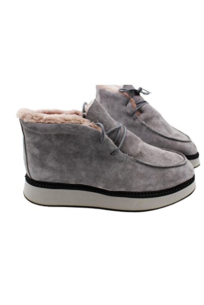 aayak&kabımofficial Gerçek Deri Gri Süet Ve Gerçek Kürk Bağcıklı Günlük Çok Hafif Kadın Bot