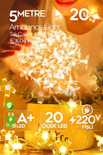 SULED Dekoratif Çiçekler 5MT Led Işık Sarı İç ve Dış Mekan 220V 20 Çiçek Led ...