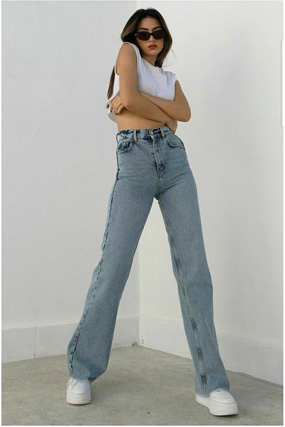 TRENDNATUREL Cindy Pantaloni largi cu talie super înaltă din lycra albastră, cu tăietură dreptă, zăpadă 1