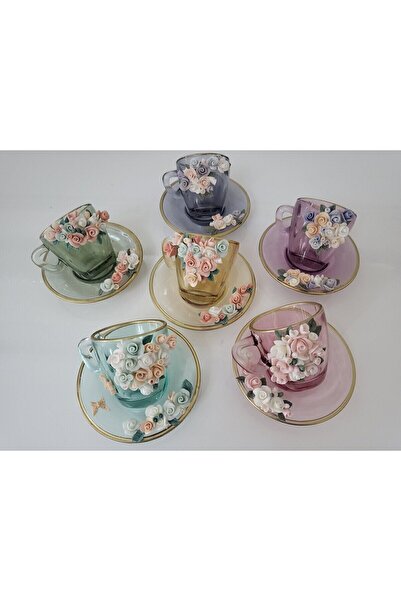 laydahobi Porselen Çiçekli Renkli 2 Kişilik Cam Fincan Set Ve Lokumluk