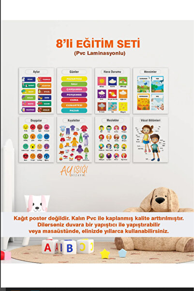 Ayışığı Dizayn Türkçe 8'li Eğitim Seti-2 Okul Öncesi - Ilköğretim Çocuk Poste...